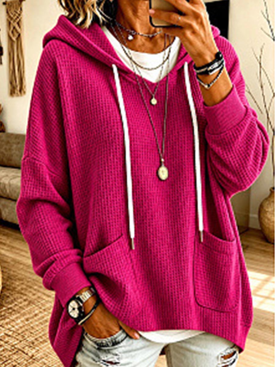 Women's Solid Color V-neck Long-sleeve Casual Loose Waffle Knit Hooded Top