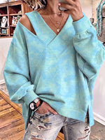 Chic Aqua Cloud-Wash Asymmetrical V-Neck Pullover
