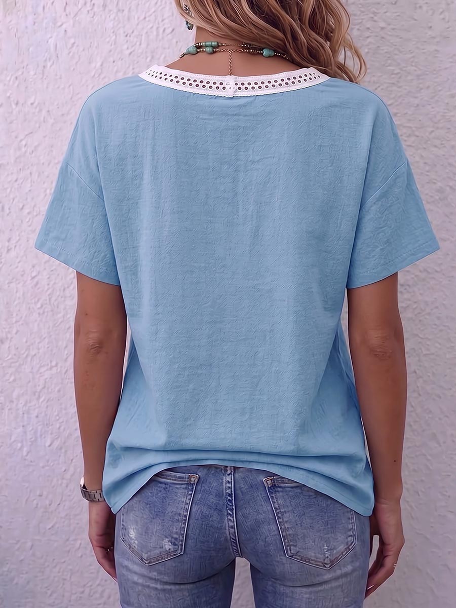Women's V-neck Tie-waist Short-sleeved Casual Loose Cotton And Linen Top