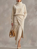 Women's Solid Color Stand Collar Long Sleeve Casual Loose Faux Suede Top And High Waist A-line Skirt Set