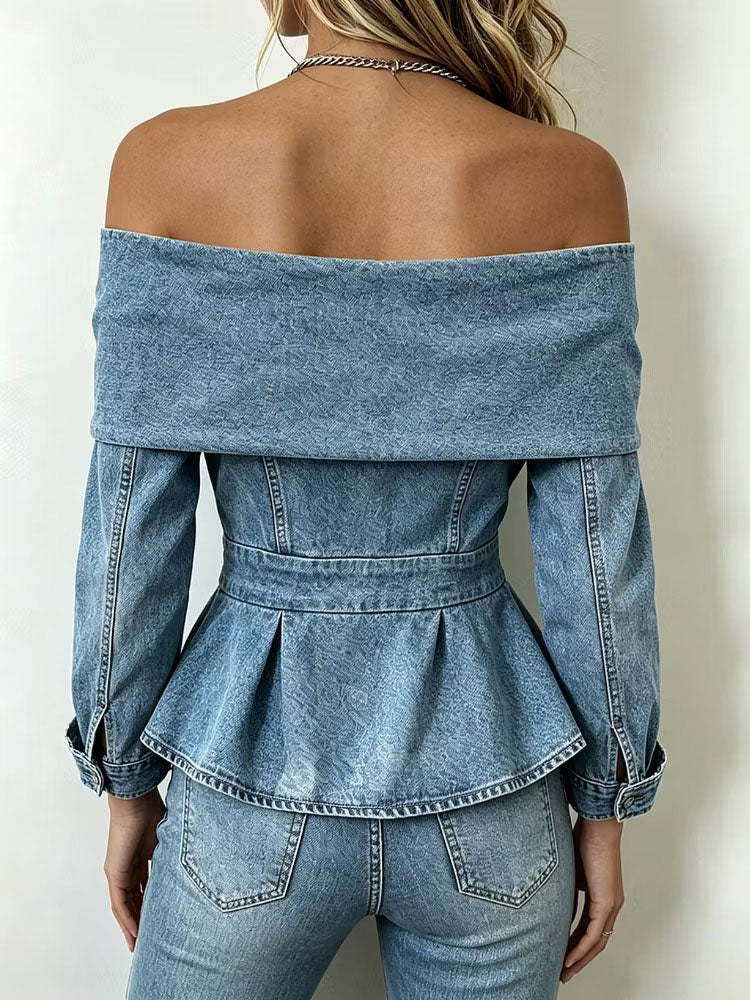 Vintage Rose Off-Shoulder Denim Peplum Top