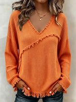 V-neck Waffle-knit Long-sleeve Top With Frayed Fringe Details