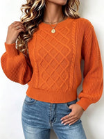 V-neck Argyle Cable-knit Lantern-sleeve Loose Pullover