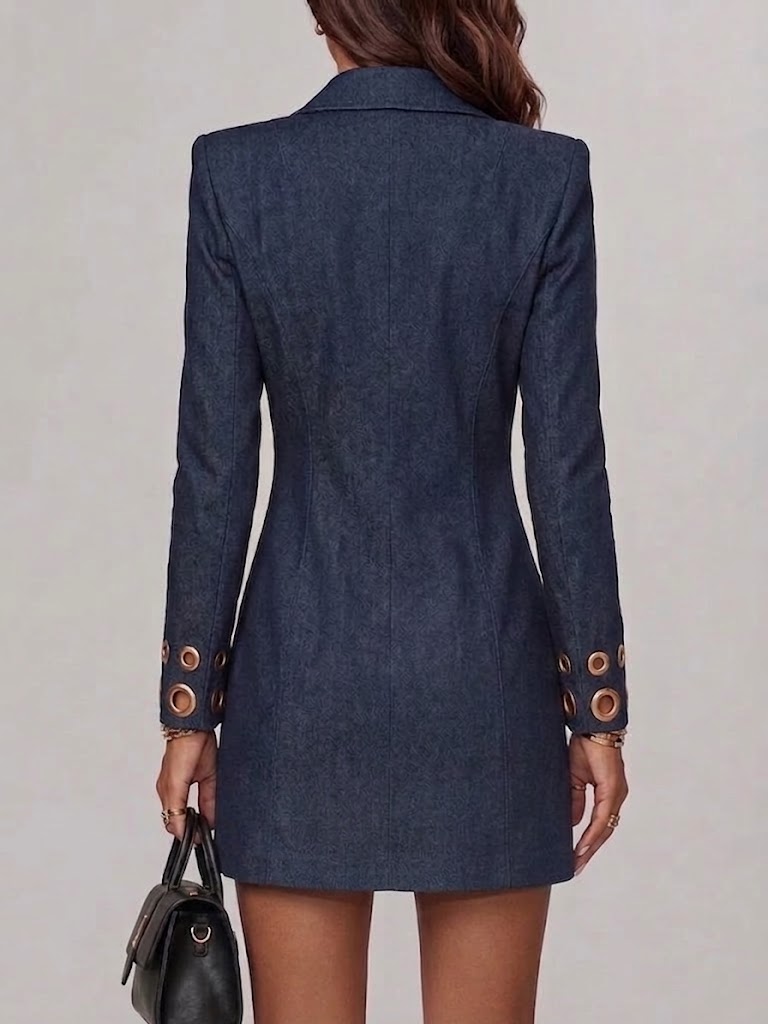 Women's Long-sleeve Casual Denim Dress Featuring Metal Eyelets And A Zipper
