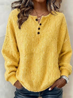 Henley Neck Partial‑button Textured Drop‑shoulder Loose Long‑sleeve Top