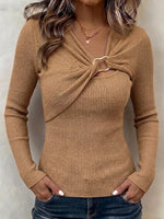 Long-sleeve Top With Asymmetric Drape And Cutout Metal Buckle Detail