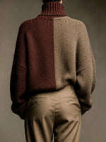 Chic Brown Color-Block Turtleneck Knit Sweater
