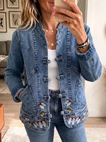 Retro Washed Denim Jacket with Butterfly Embroidery & Mandarin Knot Closure