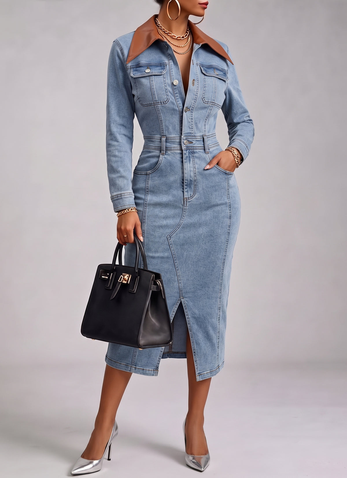 Stylish Casual Denim Midi Dress With Leather Collar
