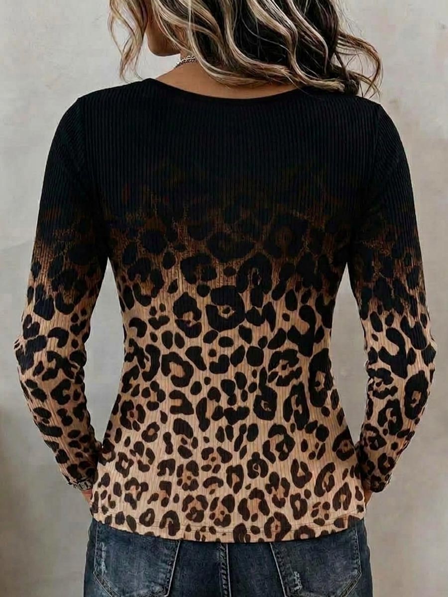 Women's Casual Loose-fit Knit Top With Cut-out Round Neck Long Sleeves, And Ombré Leopard Print