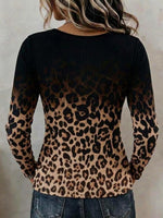 Women's Casual Loose-fit Knit Top With Cut-out Round Neck Long Sleeves, And Ombré Leopard Print
