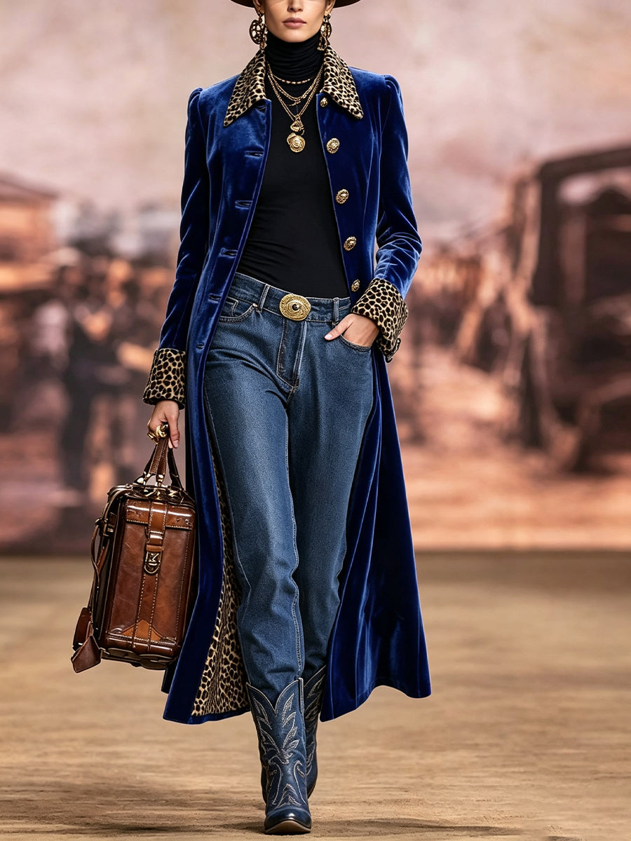 Vintage-style Bohemian Long Coat Featuring Velvet Paneling And Leopard-print Trim.