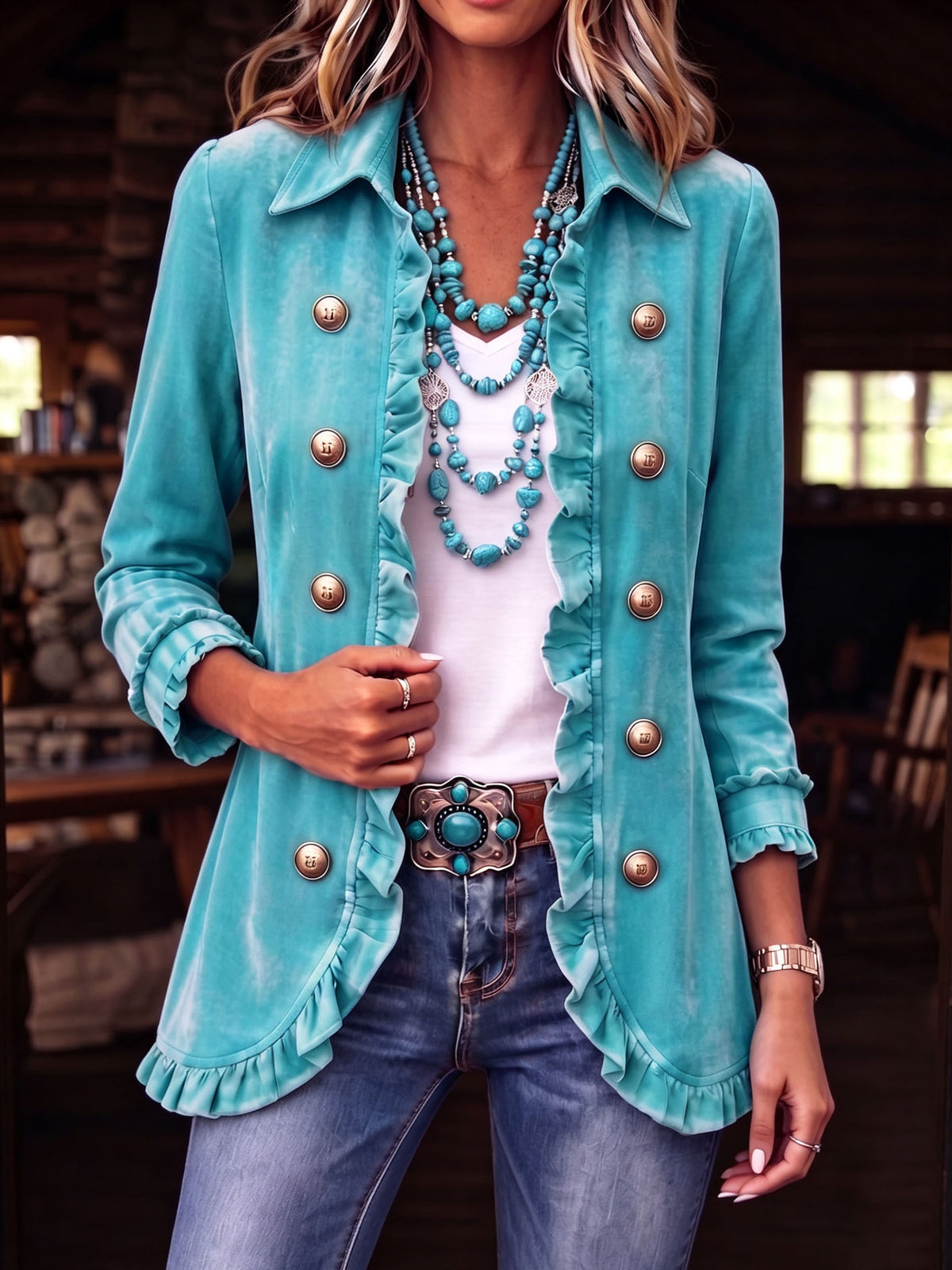 Retro Boho Ruffled Velvet Jacket