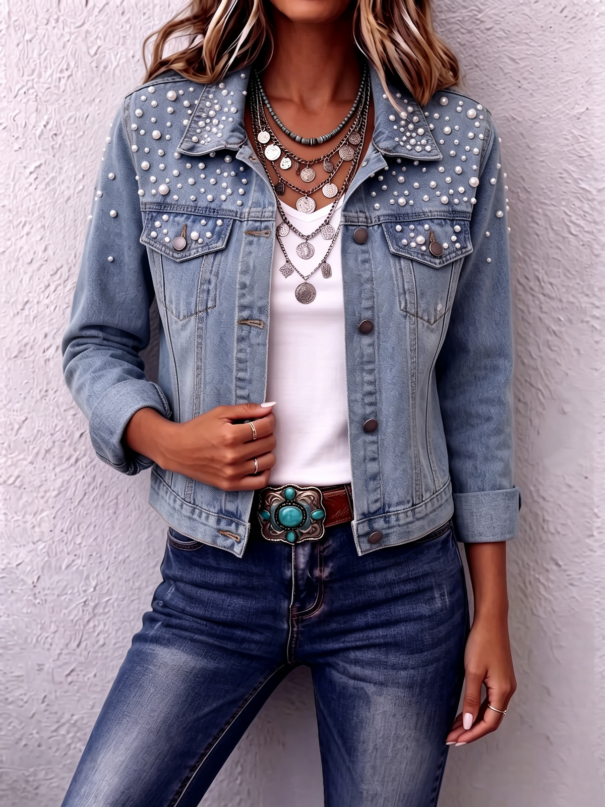 Chic Trendy Pearl Beaded Denim Jacket