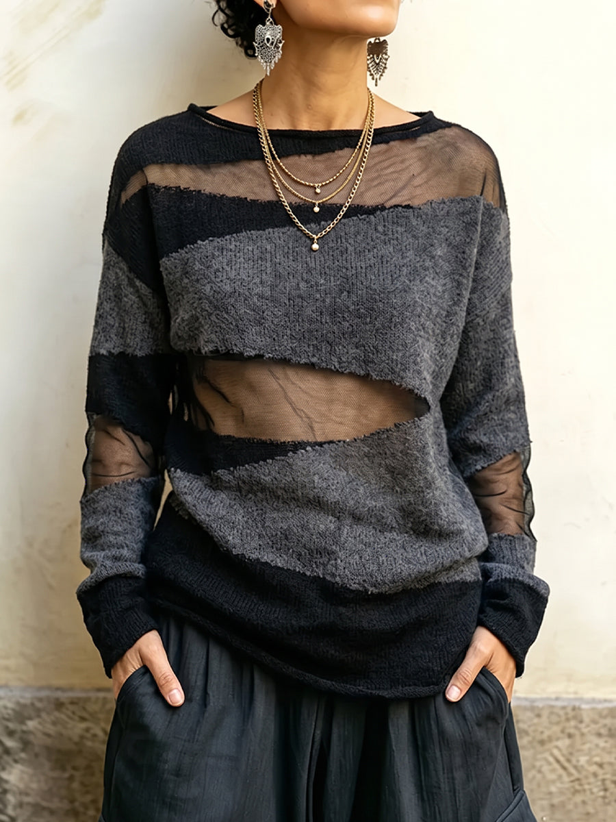 Edgy Sheer-Paneled Color-Block Knit Top