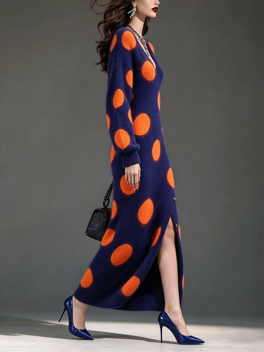 Cozy Polka-dot Wool-blend Knit Midi Skirt With A Soft, Fleecy Feel