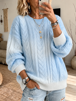 Cozy Blue-and-white Ombré Cable-knit Crew-neck Sweater