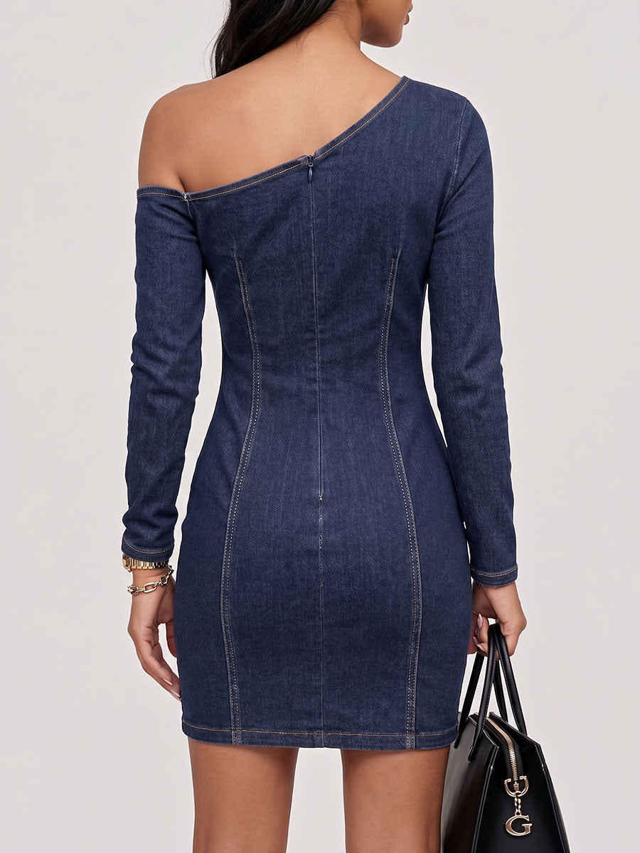 Women's One-shoulder Neckline Long-sleeved Round Metal Cutout Casual Slim-fit Denim Dress