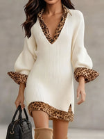 Women's V-neck Long-sleeved Casual Loose Leopard Print Patchwork Knit Dress