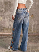 Vintage Washed Cut‑out Floral Embroidery Wide‑leg Jeans