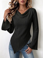 Ribbed Cowl-neck Knit Top With Asymmetric Hem And Flared Sleeves