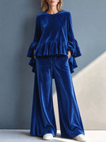 Royal Blue Ribbed Velvet Ruffle-trim Lounge Set