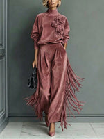 Elegant Faux Suede Two-piece Set With 3d Floral And Tassel Details