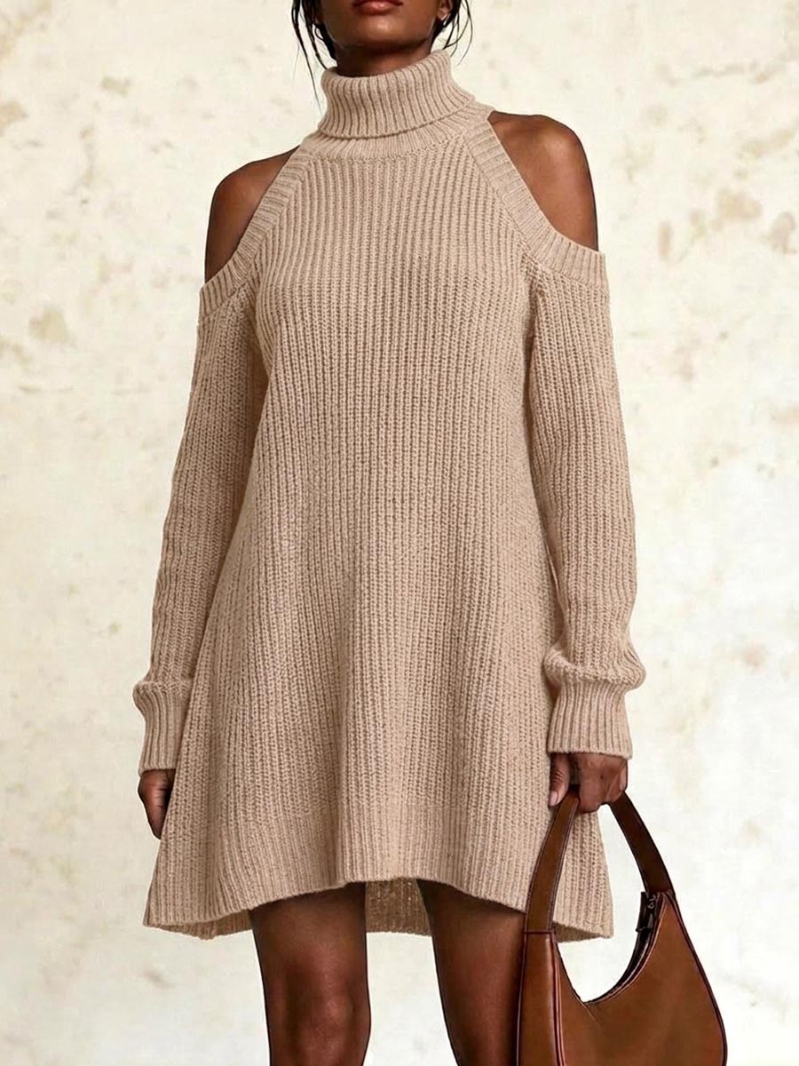 Women's Solid Color Stand Collar Long Sleeve Casual Loose Knit Dress