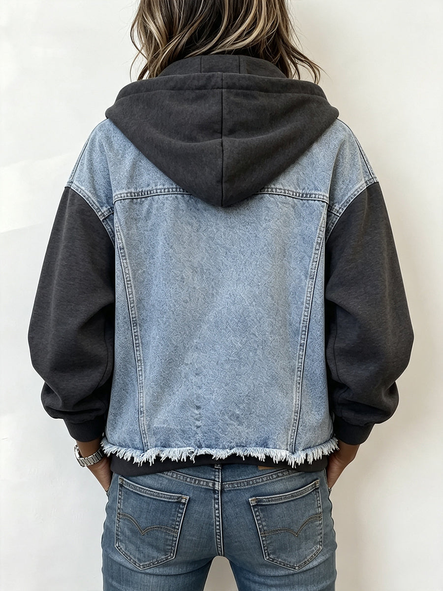 Edgy Denim Spliced Zip-Up Hoodie Jacket