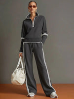 Casual Two-piece Set Featuring A Half-zip Cotton Sweatshirt And Pants With Color-block Piping.