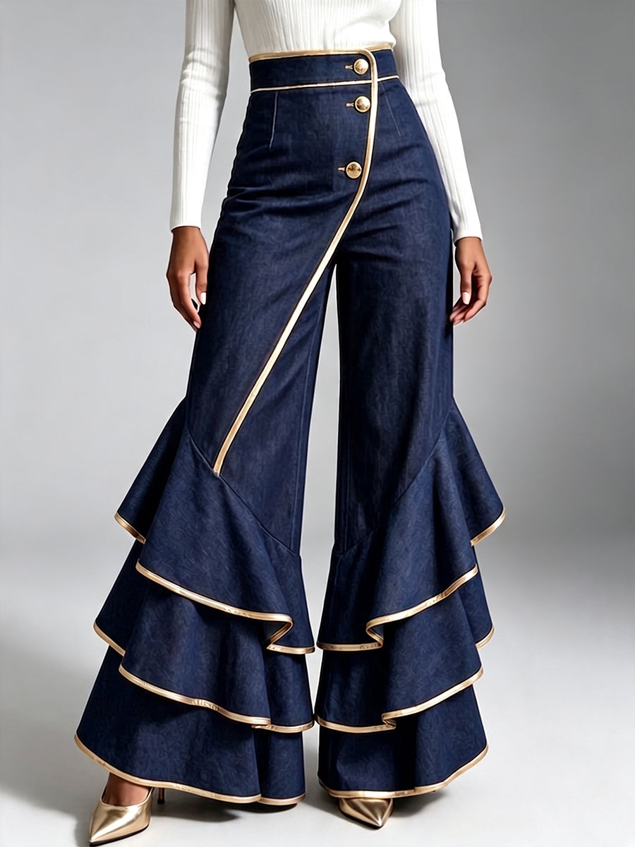 Asymmetrical Tiered Ruffle Denim Trousers