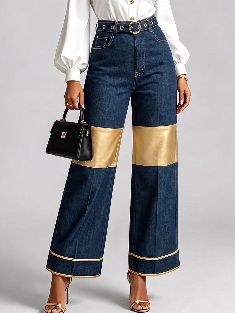 Women's High-waisted Casual Loose Denim Patchwork Wide-leg Pants