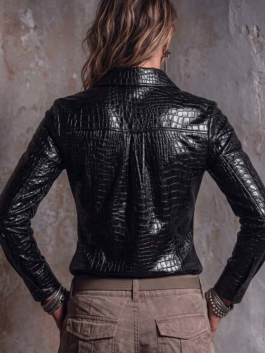 Women's Solid Color Lapel Long-sleeved Casual Loose Pu Leather Shirt