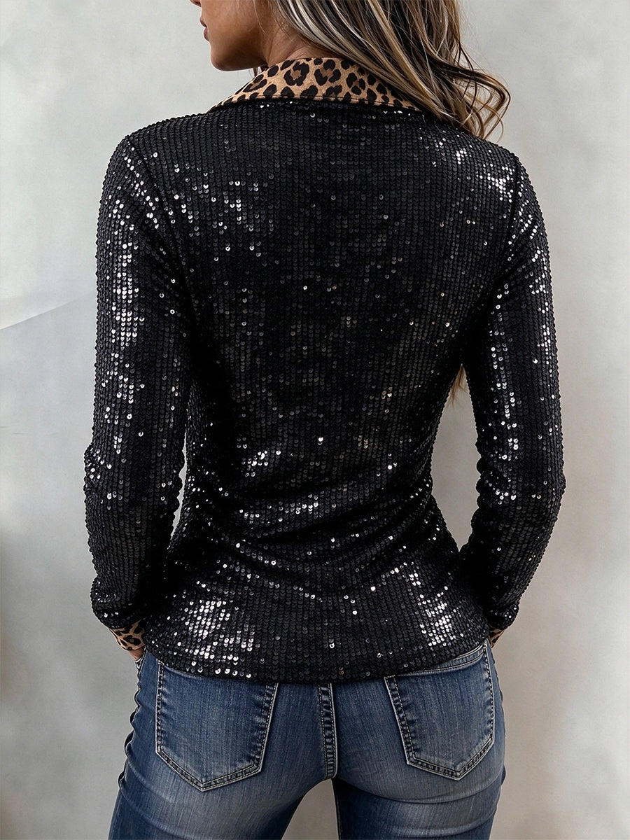 Glamorous Sequin Half-Zip Leopard-Trim Top