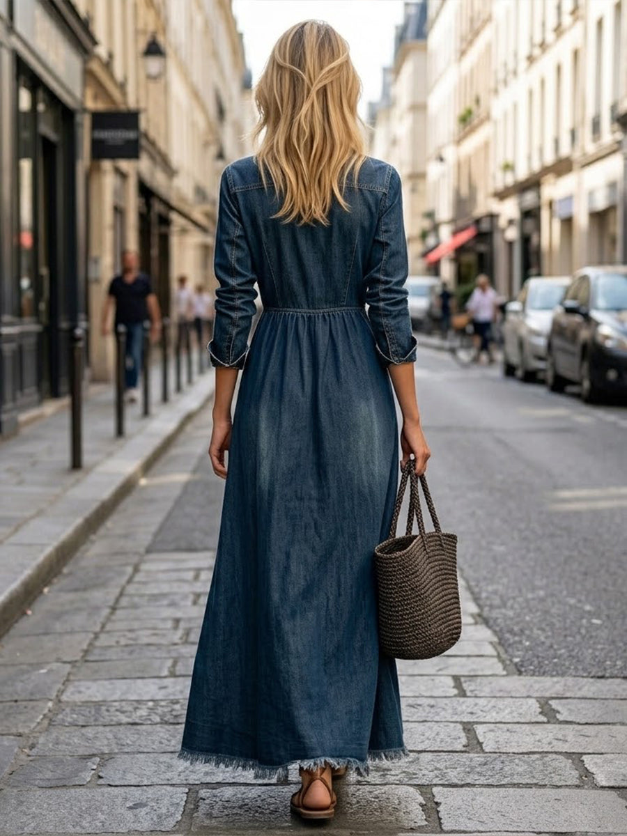 Casual Retro Raw-hem Maxi Denim Dress