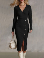 Women's Solid Color V-neck Long Sleeve Casual Loose Slit Knit Dress