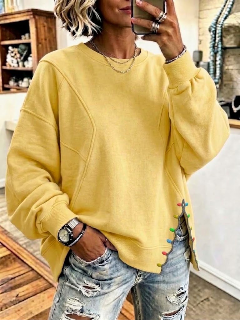 Crew-neck Sweatshirt With Side-seam Paneling And Decorative Buttons