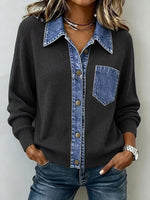 Casual Denim Pocket Knit Tops