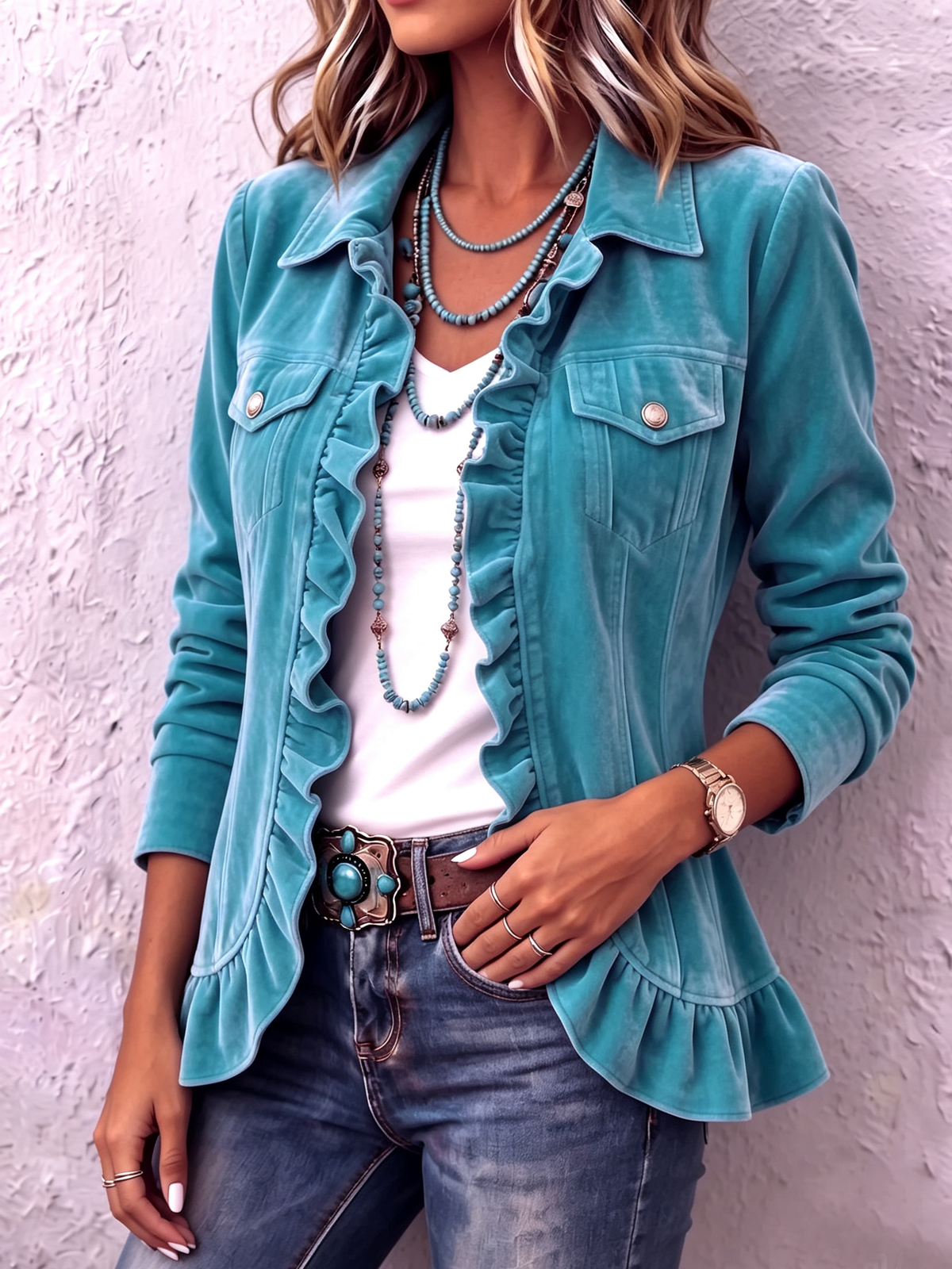 Chic Western Boho Ruffled Velvet Jacket