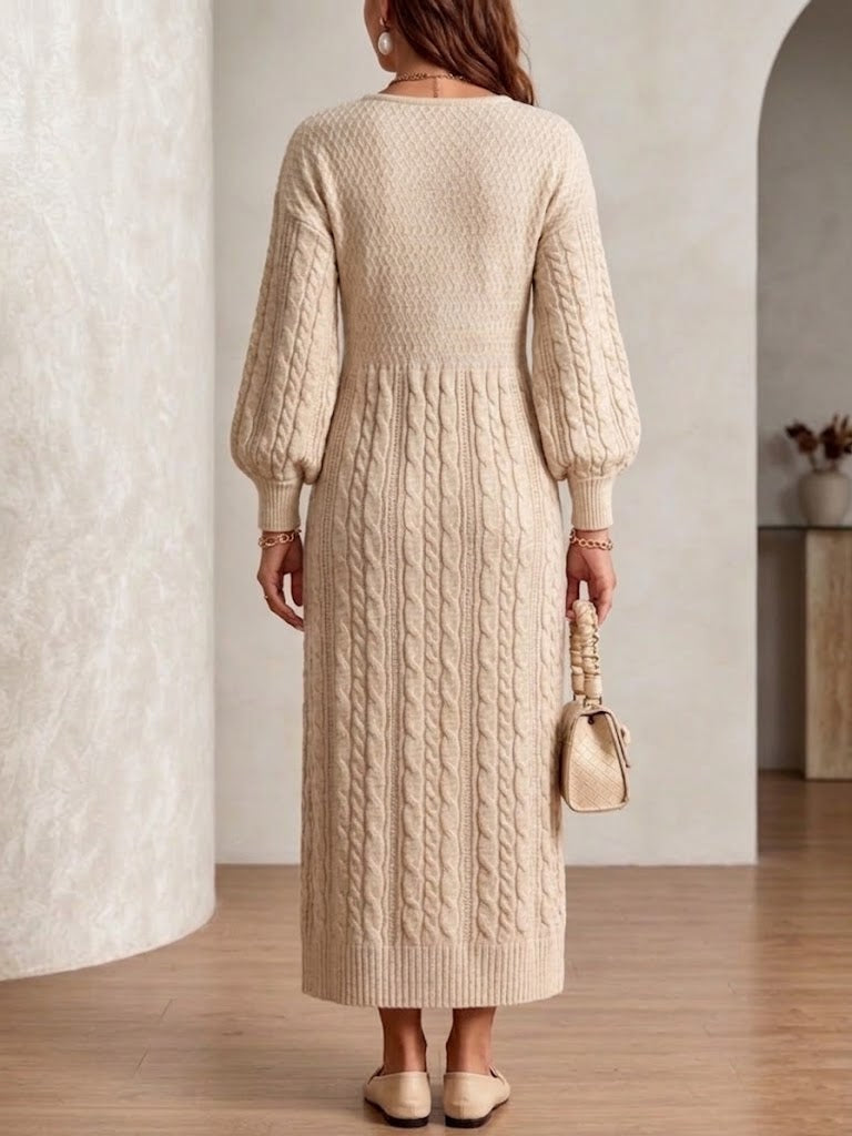Cable-knit Lantern-sleeve Sweater Dress