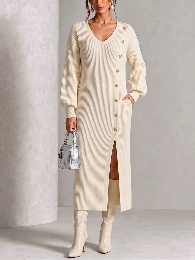 V‑neck Side Gold‑button Slit Knit Midi Dress