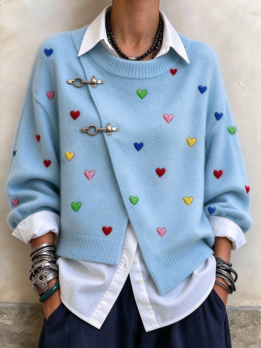 Chic Asymmetric Wool-blend Sweater With Heart Embroidery