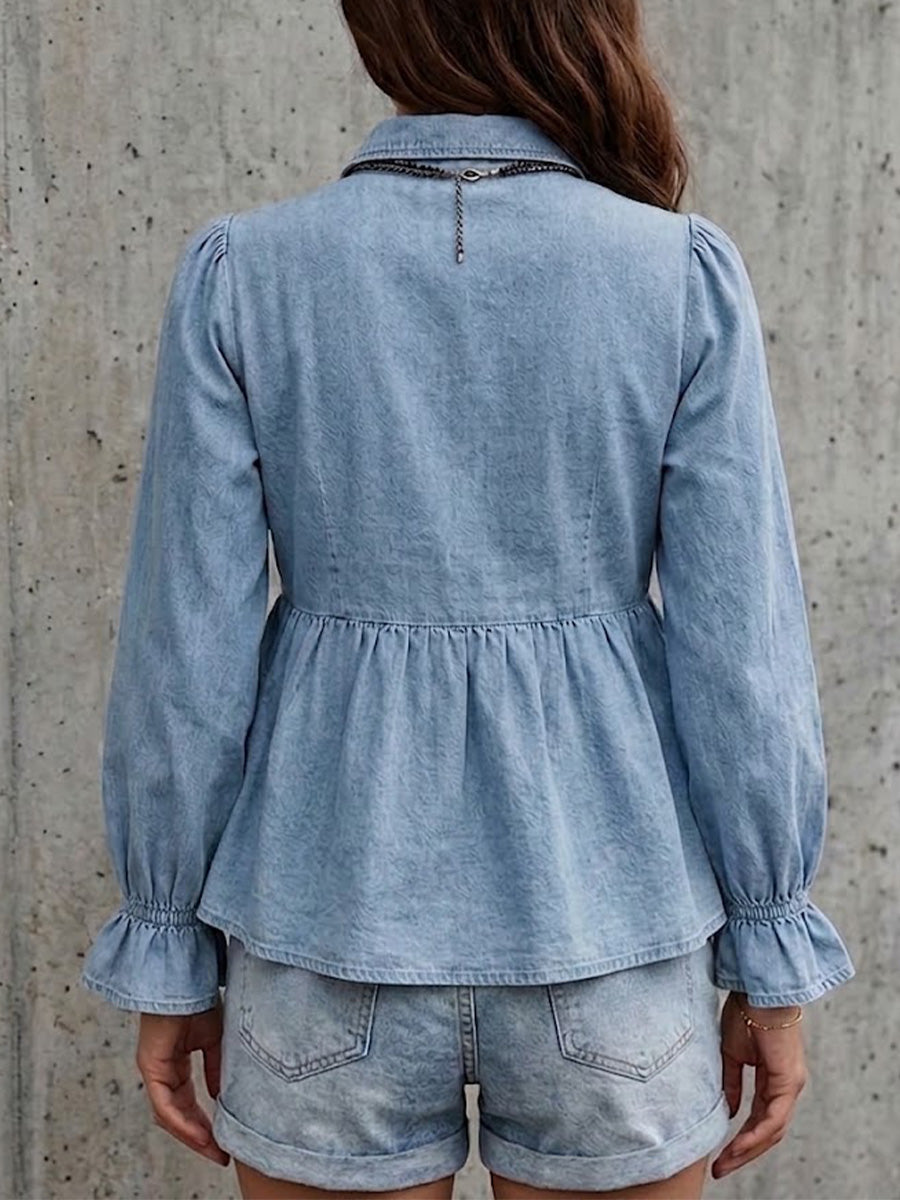 Washed Denim‑look Ruffled V‑neck Peplum Blouse