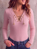 Women's Solid Color V-neck Long Sleeve Casual Loose Knitted Pullover