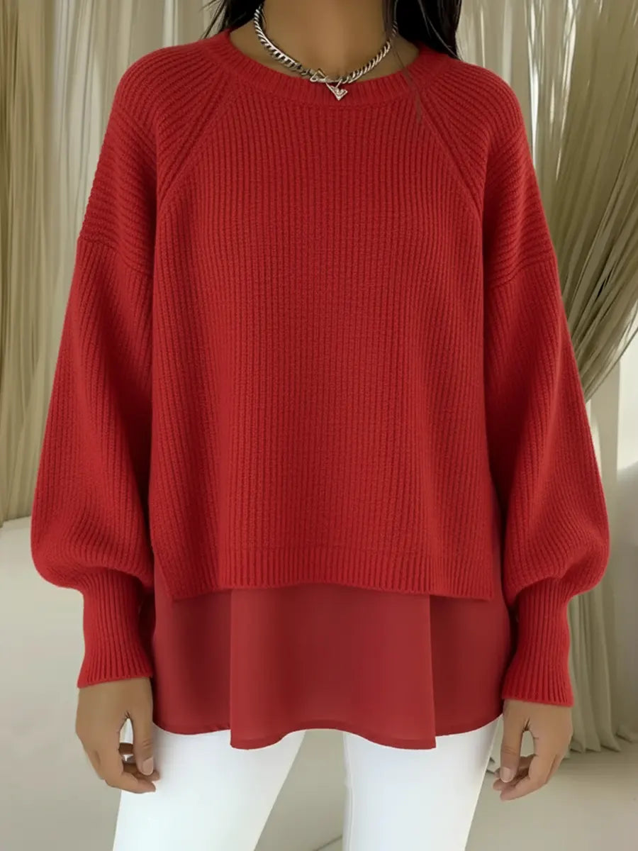 Women's Comfortable Patchwork Faux Two-piece Lantern Sleeve Sweater