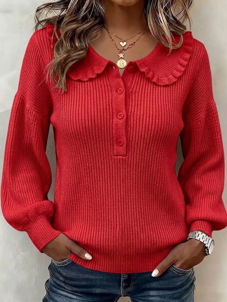 Ruffled Ribbed Knit Sweater With Partial Button Placket