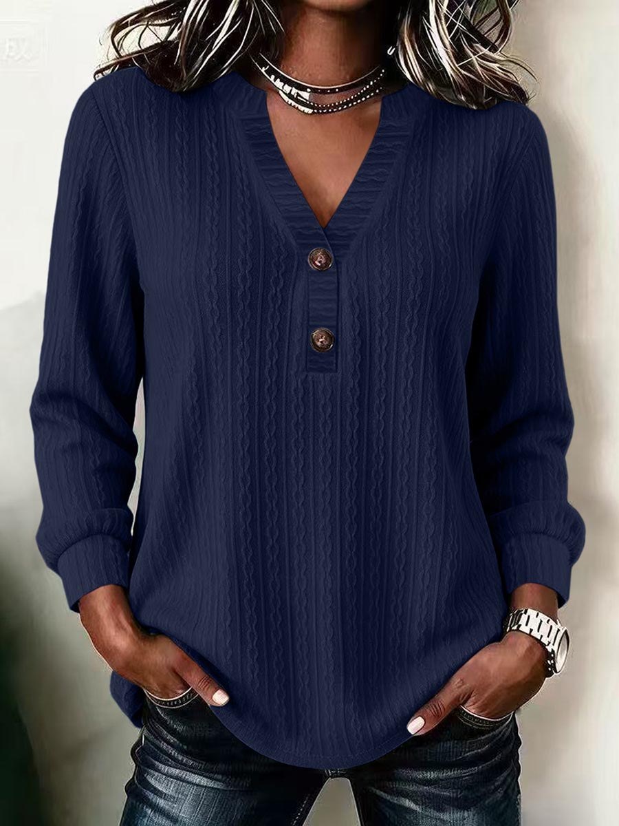 Textured Henley V-Neck Long Sleeve Blouse