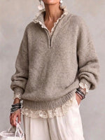 Loose-fit Knit Sweater With A Half-zip, Stand Collar, And Lace Paneling