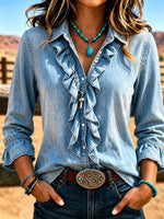Western Chic Cascading Ruffle Denim Top