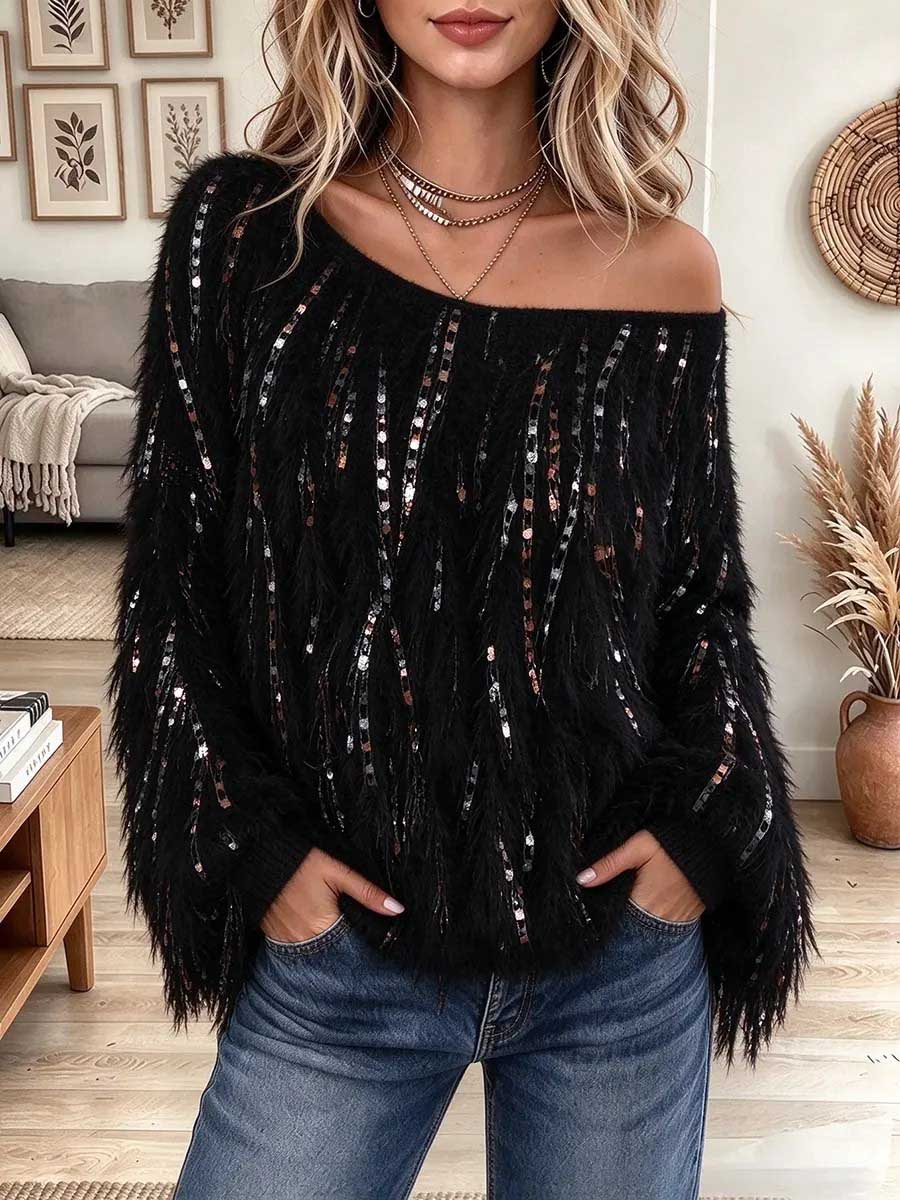 Women's One-Shoulder Fluffy Sequin Embellished Sweater